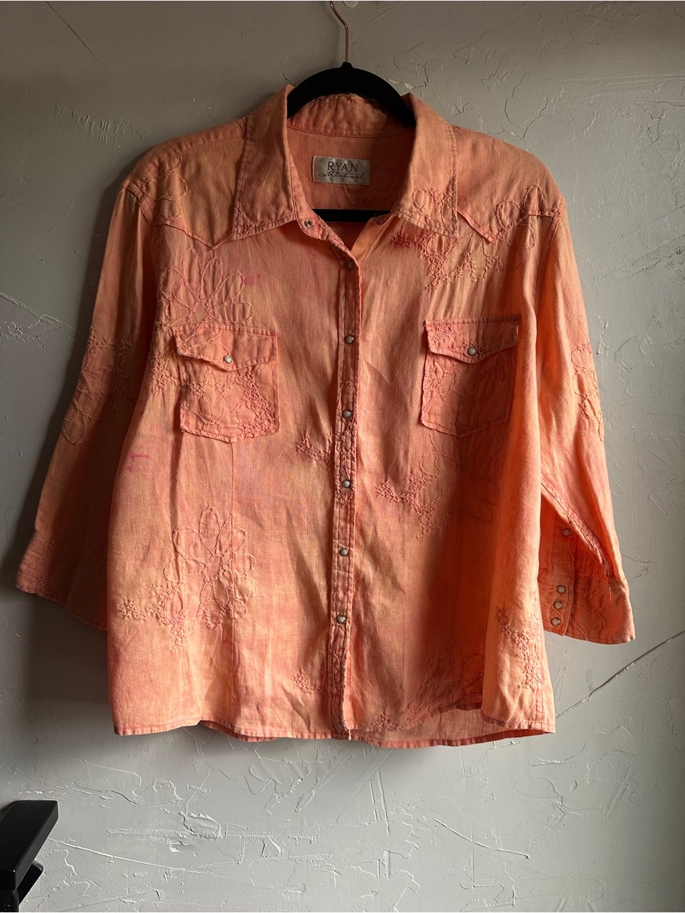 Ryan Michael Coral Embroidered Snap Shirt Western Boho Floral 3/4 Sleeve L XL